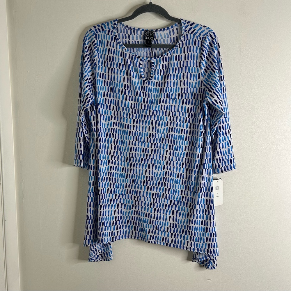 Clara Sun Woo Women’s Top Large Blue White Geometric 3/4 Sleeve Career NWT USA